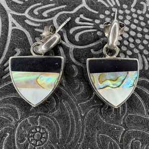 Sterling Silver 925 Shield Shaped Reversible MOP Onyx Pierced Dangle Earrings‎